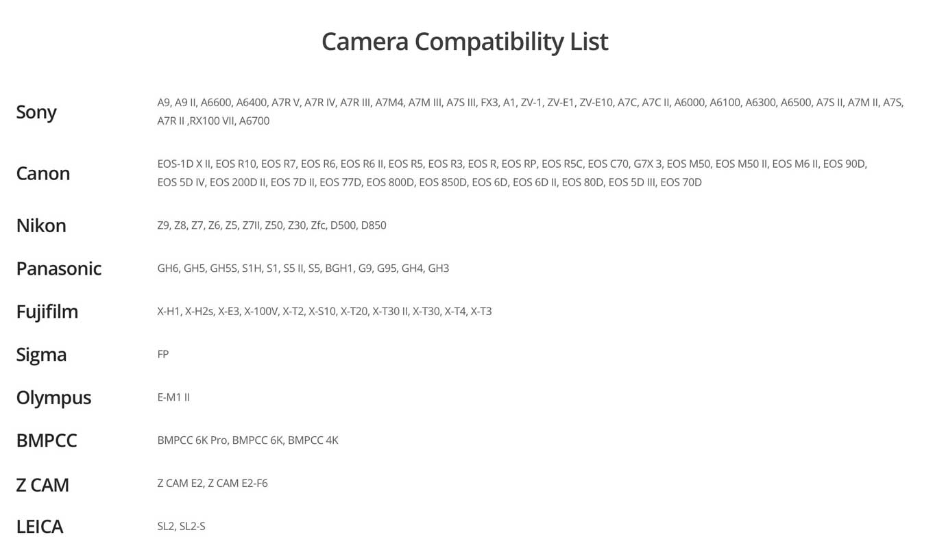 DJI RS 4 Camera Compatibility List