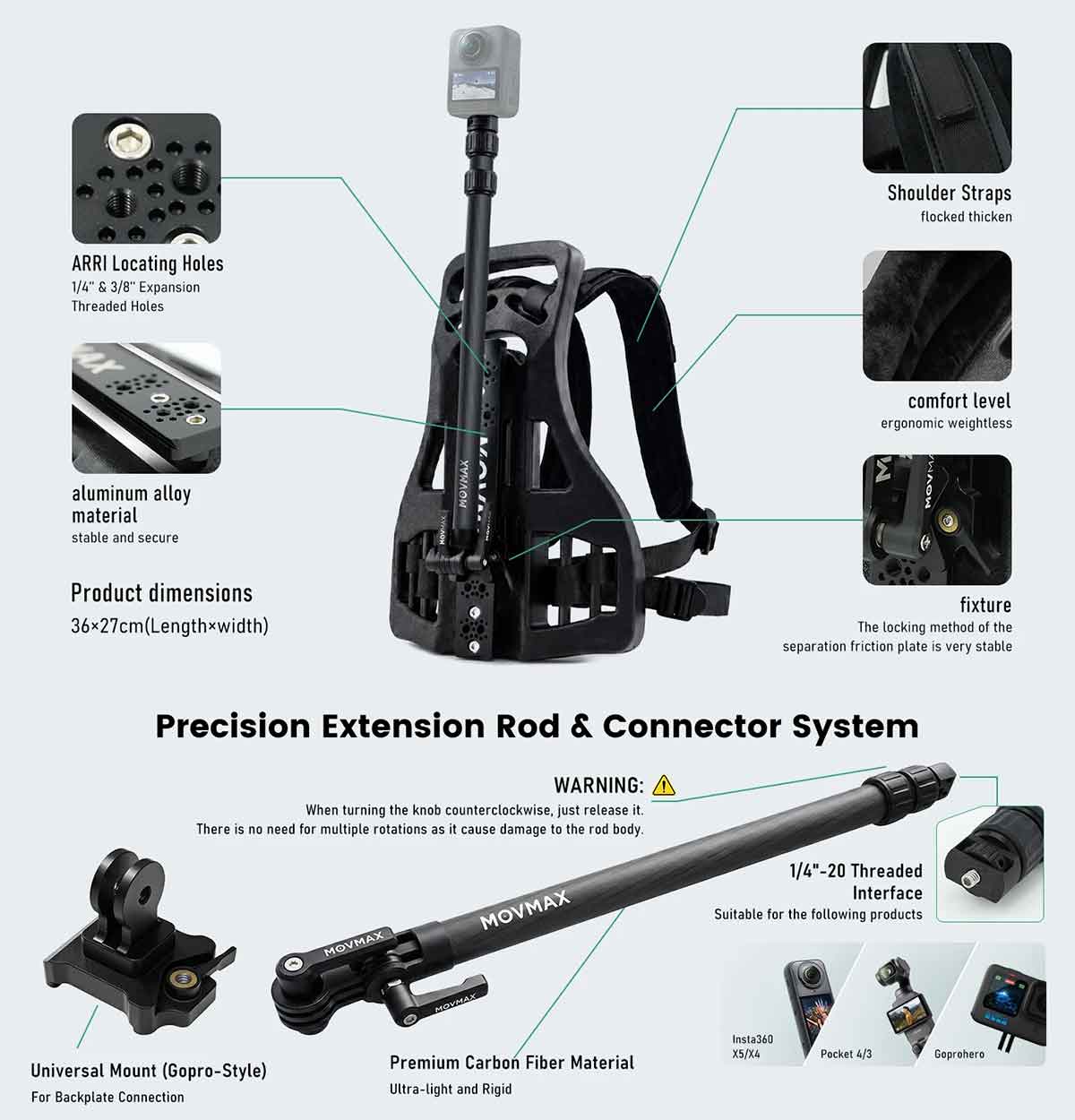 MOVMAX Backpack Mount with Telescopic Rod Kit